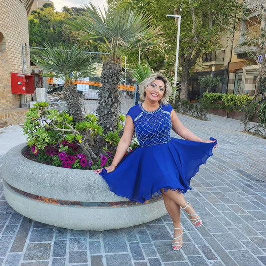 Abito sartoriale blu elettrico con perline - HORO