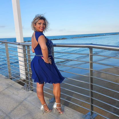Abito sartoriale blu elettrico con perline - HORO