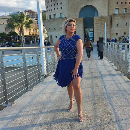 Abito sartoriale blu elettrico con perline - HORO