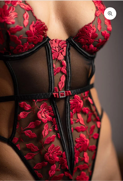 Red Rose Black Swan Bodysuit by MALENA LINGERIE